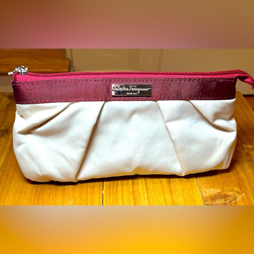 Salvatore Ferragamo Alitalia Makeup Bag Clutch. Burgundy and cream color. EUC